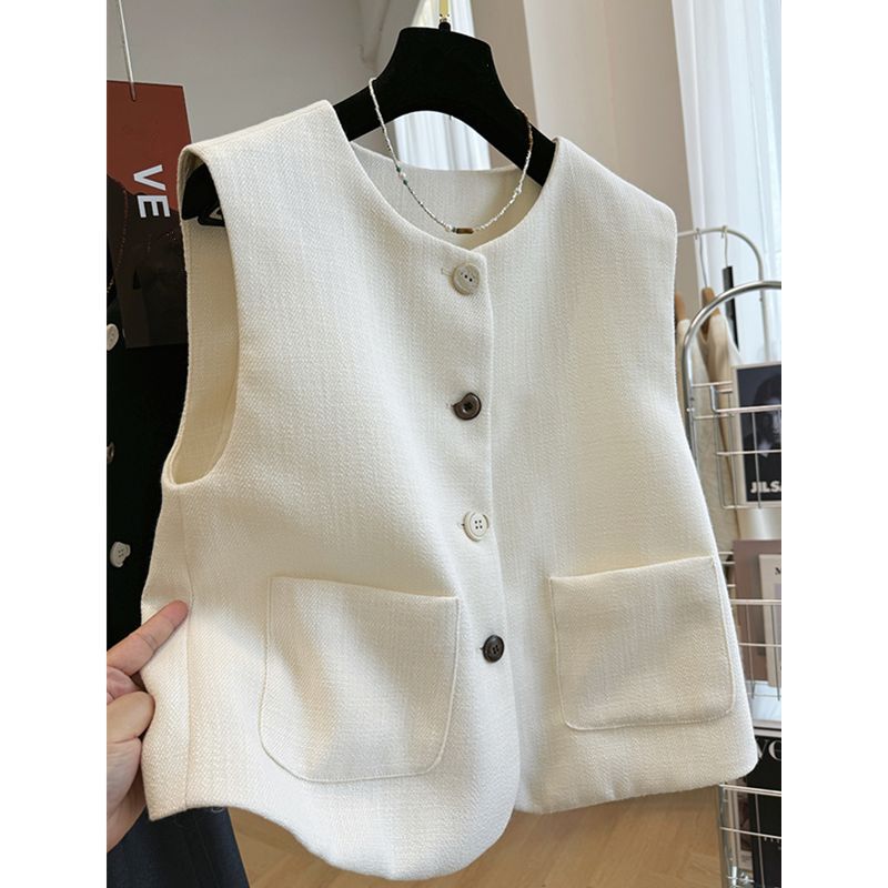 Primavera y otoño temperamento de cuello redondo pequeño traje chaleco chaleco chaqueta temperamento francés de mujer vestido exterior sin mangas hombros de la parte superior image 4