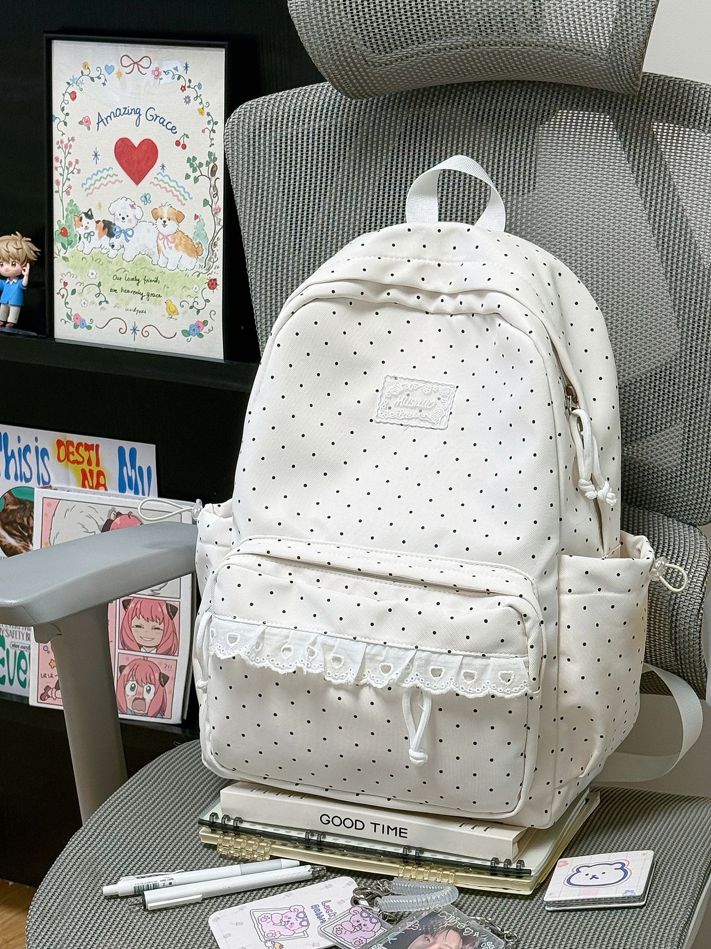 Polka Dot Lace Trim Spacious School Backpack 46