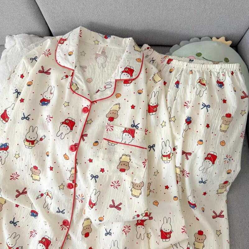 Highly stylish long-sleeved bunny print spring and autumn sweet long pants set, cute cartoon pajamas, home wear with a turn-down collar Highly stylish long-sleeved bunny print spring and autumn sweet long pants set, cute cartoon pajamas, home wear with a turn-down collar