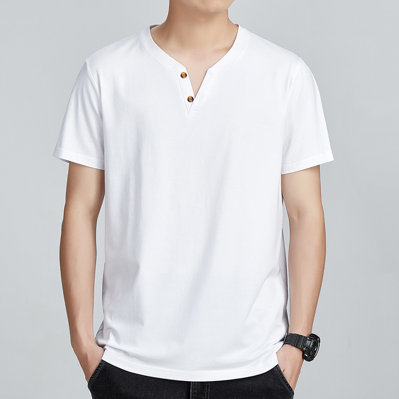 Fashionable Brand Pure Color V Neck Button Short Summer New T-Shirt Bottoming Shirt Sleeve Top Fashionable Men's Clothing Wholesale