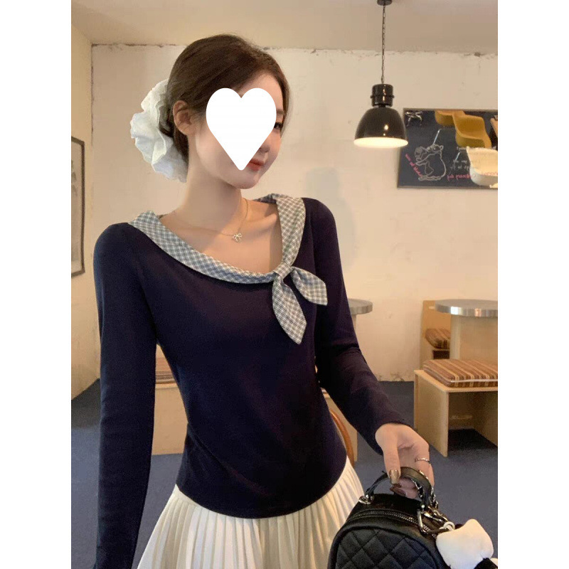 藏蓝色兔耳朵绑带设计感长袖T恤女2025初秋新款修身显瘦百搭上衣|undefined