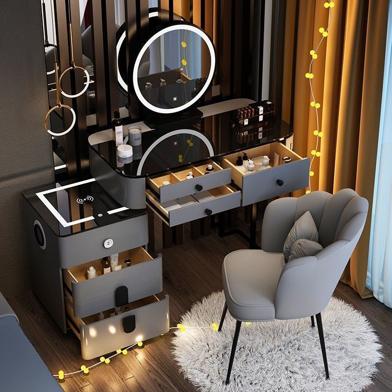 라운드 그레이 및 블랙 83cm 테이블 + 스마트 캐비닛 + 원형 거울 + 꽃잎 의자