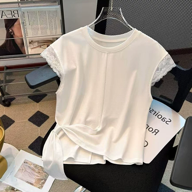 Женская летняя футболка YS8 из корейского кружева с короткими рукавами-крылышками, асимметричным подолом и дизайном 2025 года, высокого класса.