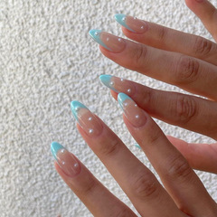 Blue French Almond Pearl Acrylic Nail Sticker, Detachable Nail Art, Ready-to-Wear Nail, Cross-Border Exclusive Supply