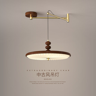 中古风餐厅吊灯简约美式复古胡桃色意式飞碟茶室餐桌吧台摇臂吊灯-阿里巴巴
