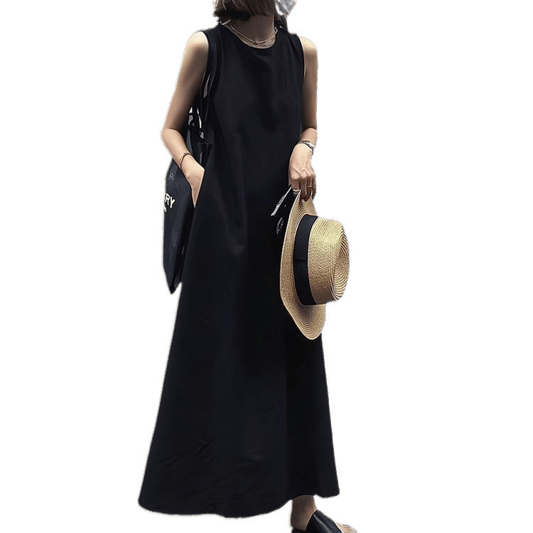 2025 新しいフレンチヘップバーンスタイルの女性のための夏のシックでユニークな黒の背中中空ノースリーブベストドレス|undefined