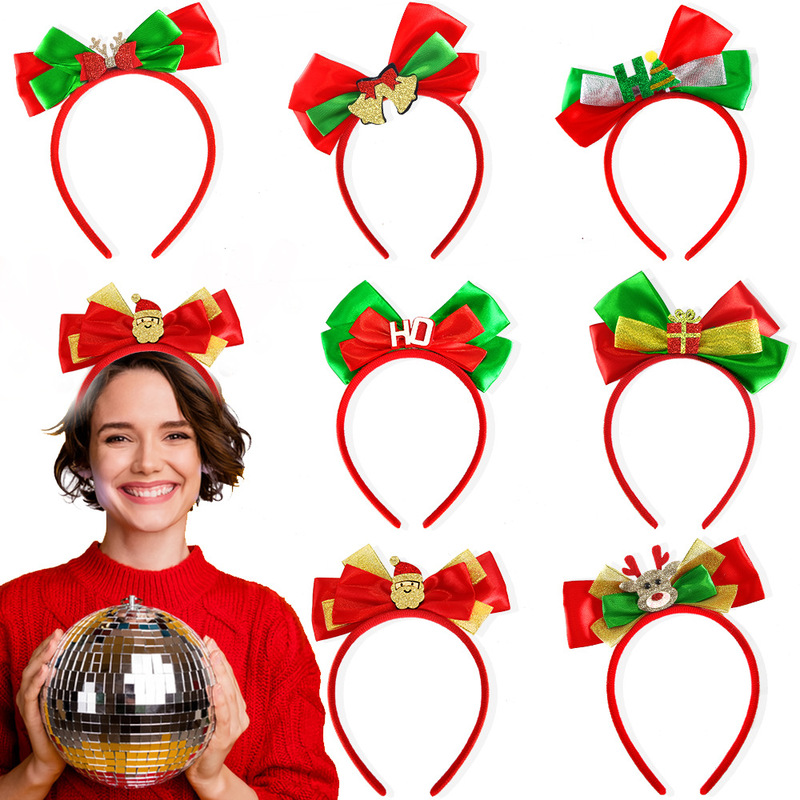 国境を越えたクリスマス装飾カチューシャクリスマスパーティーヘラジカ鈴サンタクロースカチューシャ赤緑蝶結び頭飾り|undefined
