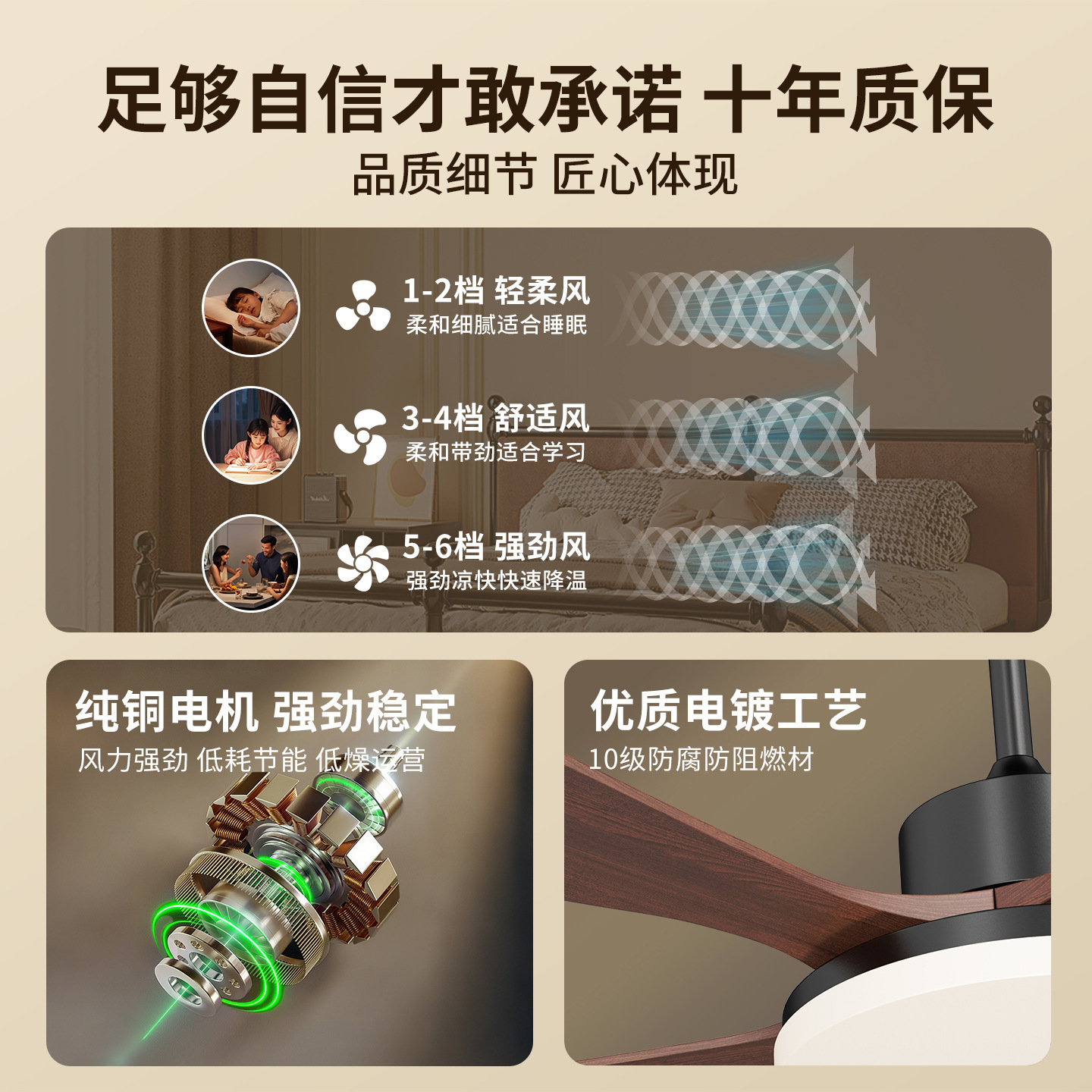 2026 nueva lámpara de ventilador de techo de sala de estar dormitorio comedor medieval gran volumen de ventilador silencioso lámpara de ventilador L335