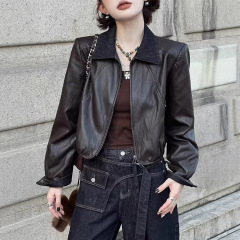 翻领短款PU皮衣外套女2025秋季新款韩版时尚气质百搭机车夹克上衣
