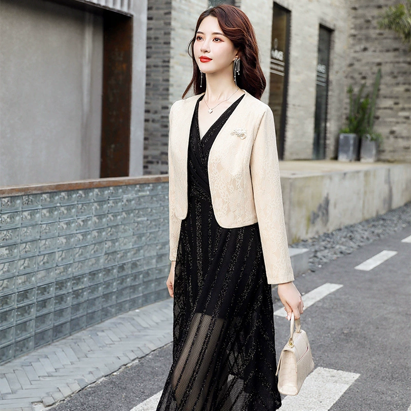 Короткое пальто с кружевной маленькой шалью, Женская Осень 2023, Новый универсальный костюм, жилет с юбкой-ципаном, внешний кардиган