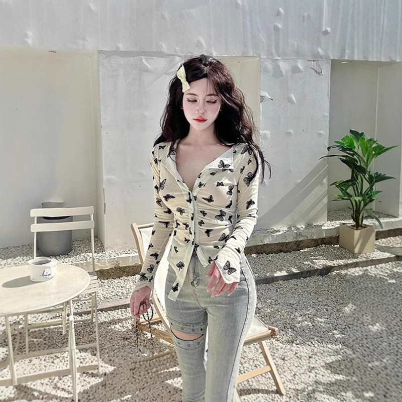 Korean Style Gentle Pleated Irregular Long-Sleeved Shirt Women's Elegant All-Match Thin Mesh Short T-Shirt Top