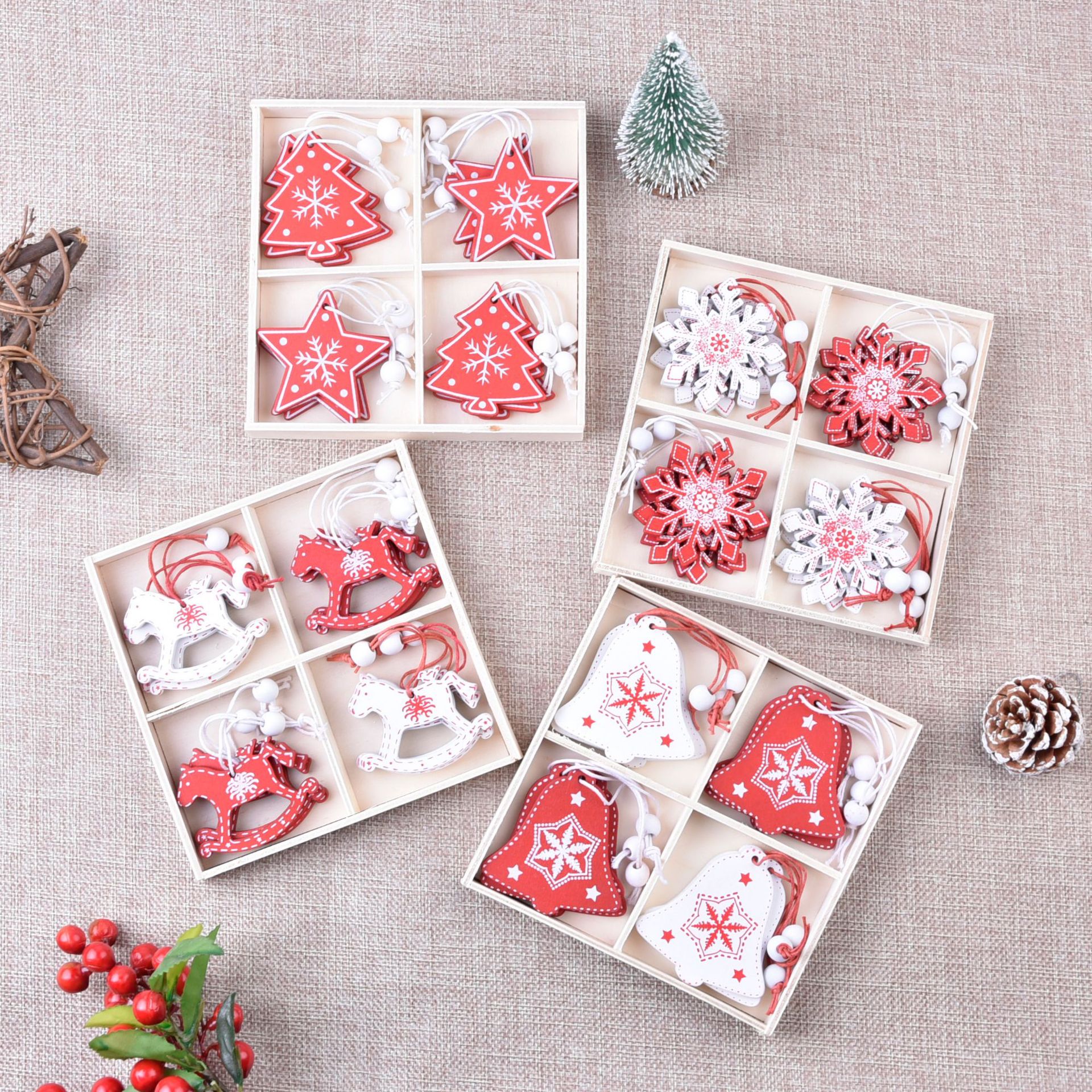 Decoraciones navideñas creativas, colgantes de madera navideños, juego de cajas para árbol DIY, renos, campanas, ángeles, corazones, regalos