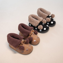 女童小童翻边毛球棉靴冬季加绒加厚保暖套脚雪地靴女孩宝宝公主靴