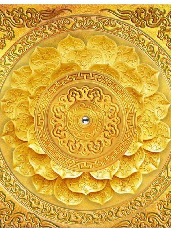 3D Golden Ceiling Wall Cloth for Temple Decoration, Xizang Six-Syllable Mantra Temple Ceiling Wallpaper