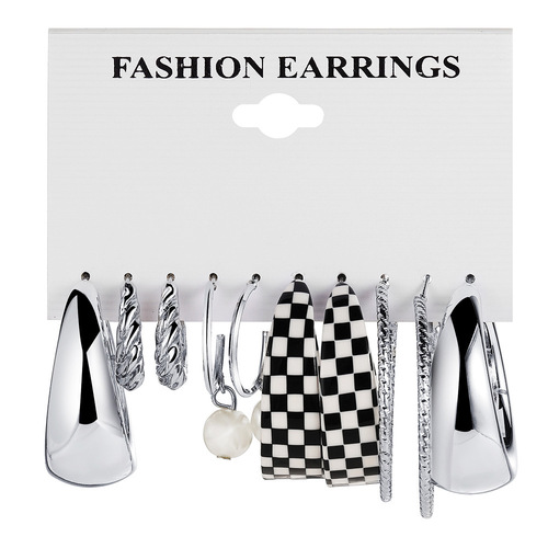 Cross-border new retro earrings set of 5 pairs creative personalized chessboard butterfly C-type earrings