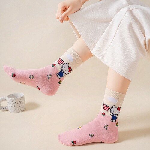 Japanese cartoon socks for women, Korean version of cute combed cotton mid-calf women's socks, candy-colored versatile casual socks