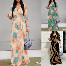 2024秋季欧美跨境亚马逊独立站TEMU新款女式波浪图案连衣裙系带 V