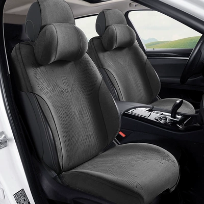 Car Seat Cushion Made of Suede, Suitable for All Seasons, with Perforated Breathable Base and Full Set of Seat Covers for Five-Seater Cars (Seat cushion, seat cover) - suede-front-main-and-secondary-seat-black