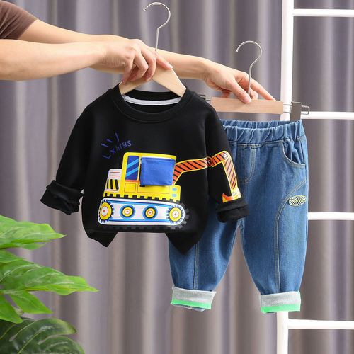 Autumn Children's Set  Fashion Blue Denim Excavator Cute Print Long-Sleeve Long Pants Set Wholesale