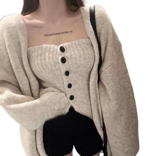 Sexy lace camisole sweater set for women, autumn and winter, high-end, gentle, soft and fluffy, lazy style
