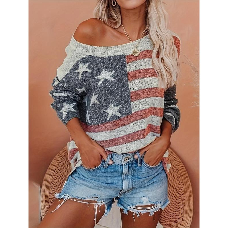 S7110 Dropshipping Aliexpress Cross-Border New Men's Knitwear Women's Printed Off-Shoulder
