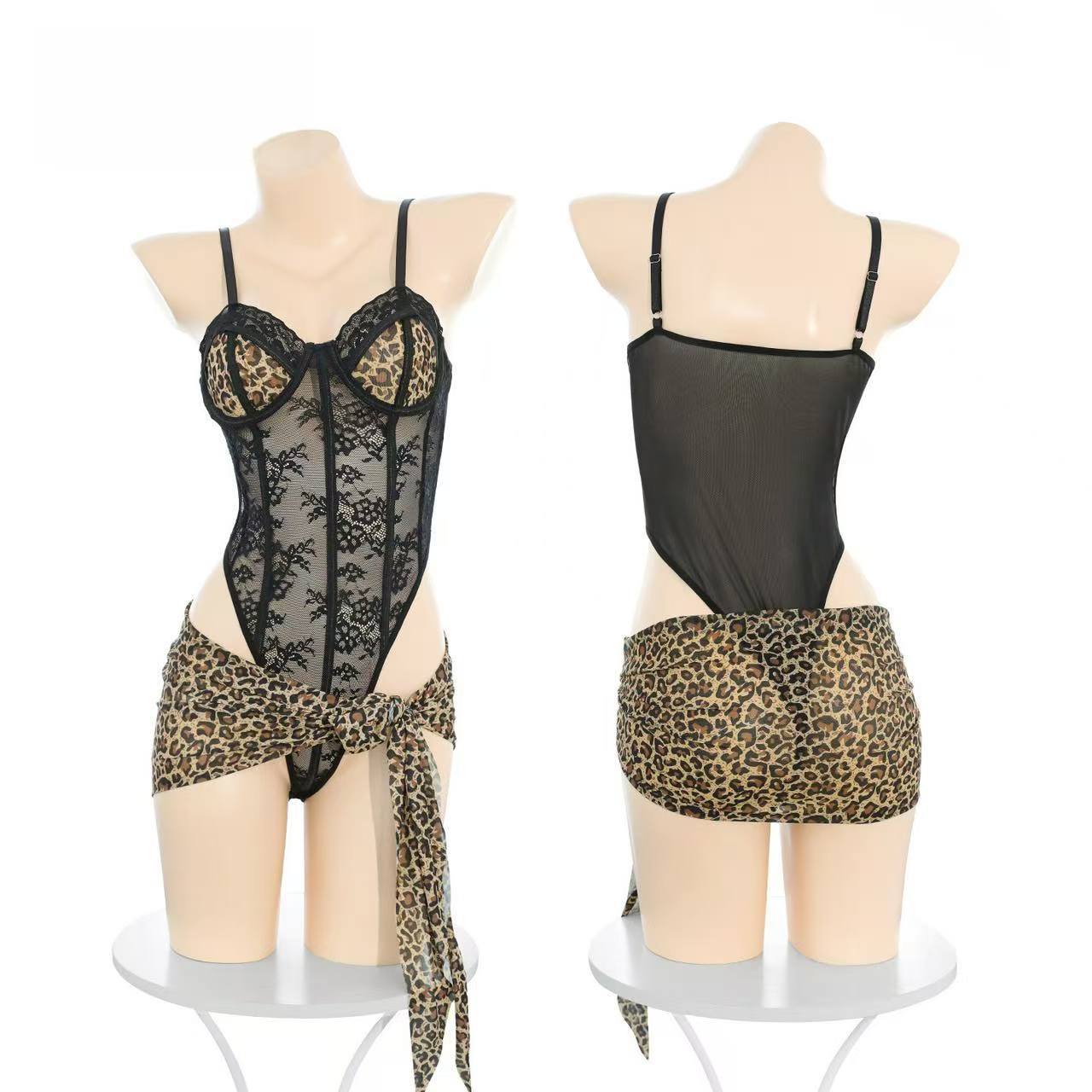 Leopard Print Lace See-Through Bodysuit Set with Underwire Camisole and Wrap Skirt — detail image 6
