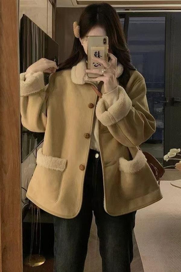 复古鹿皮绒羊羔毛加绒外套女冬季宽松加厚保暖皮毛一体机车棉服潮