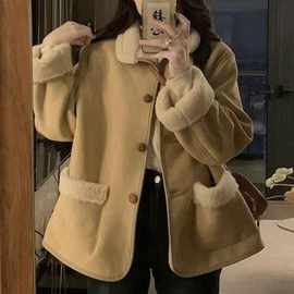 复古鹿皮绒羊羔毛加绒外套女冬季宽松加厚保暖皮毛一体机车棉服潮