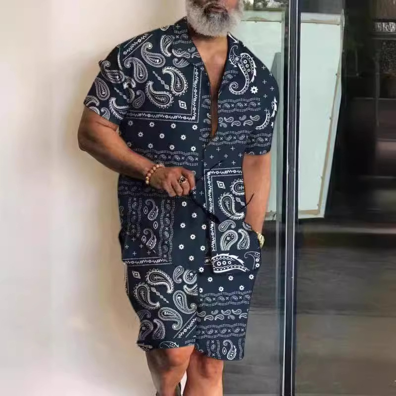 Verano Amazon venta caliente impresión 3D suelta camisa de manga corta traje casual hawaiano estampado de dos piezas para hombre