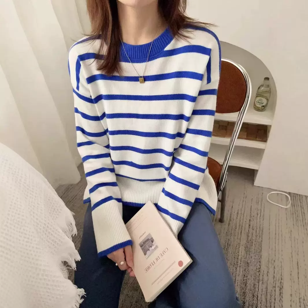 黑白条纹拼色毛衣女2025秋冬套头宽松外穿慵懒小众内搭打底针织衫