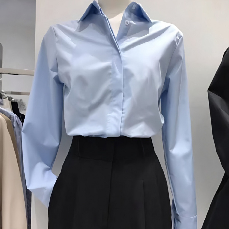 South Korea Dongdaemun 2025 Spring and Autumn New Loose plus size Solid Color All-match Blue Shirt Women's Long-sleeved Business Wear Shirt