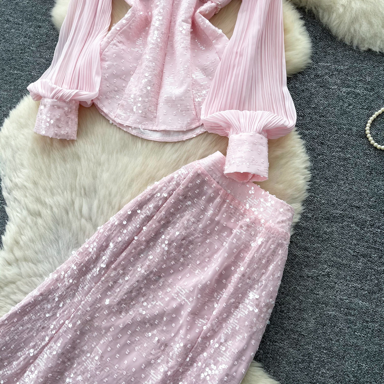 Women's French Style Sequined Mesh Pleated Two Piece Set With Fitted Waist Elegant Sophisticated Look For Spring Autumn_ecoleips.com