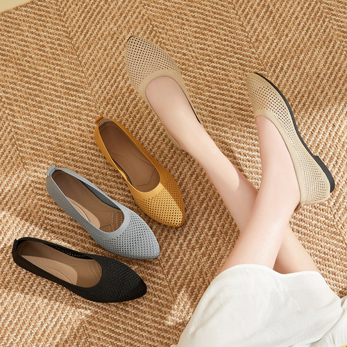 Spring and Summer Plain Color Pointed Toe Flat Sole Soft Sole Slip-on Women's Lace-up Knit Shoes