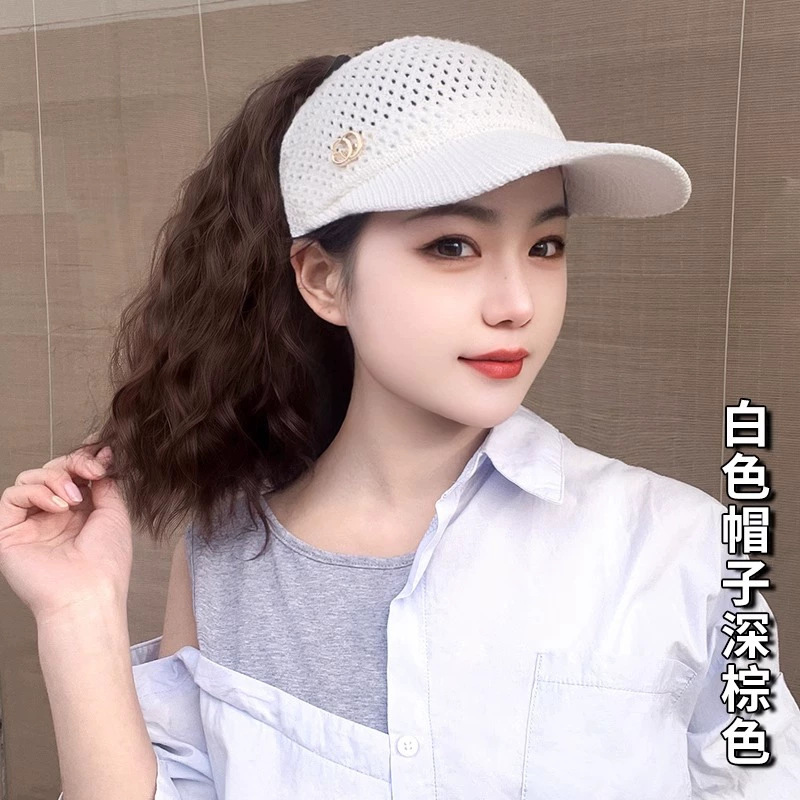 新しい小さなラベルの帽子とウィッグ一体型ウールカーリーハイポニーテール中空サンシェード日焼け止め春、夏、秋の空のトップハット|undefined