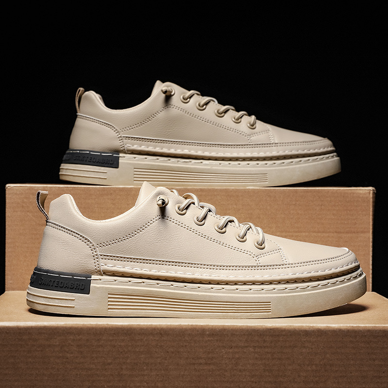 2024 printemps style chaud blanc chaussures à la mode bande élastique chaussures pour hommes baskets basses en cuir véritable bande de roulement chaussures plates décontractées_voghion.com