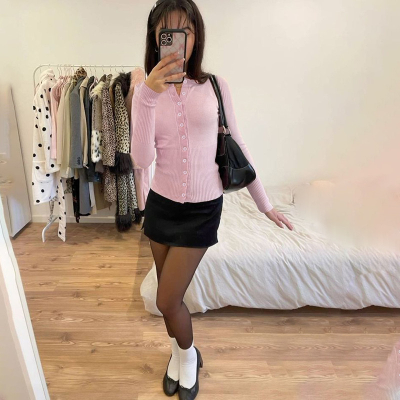外贸欧美休闲风气质通勤纯色排扣毛织开衫女圆领修身显瘦长袖外套|undefined