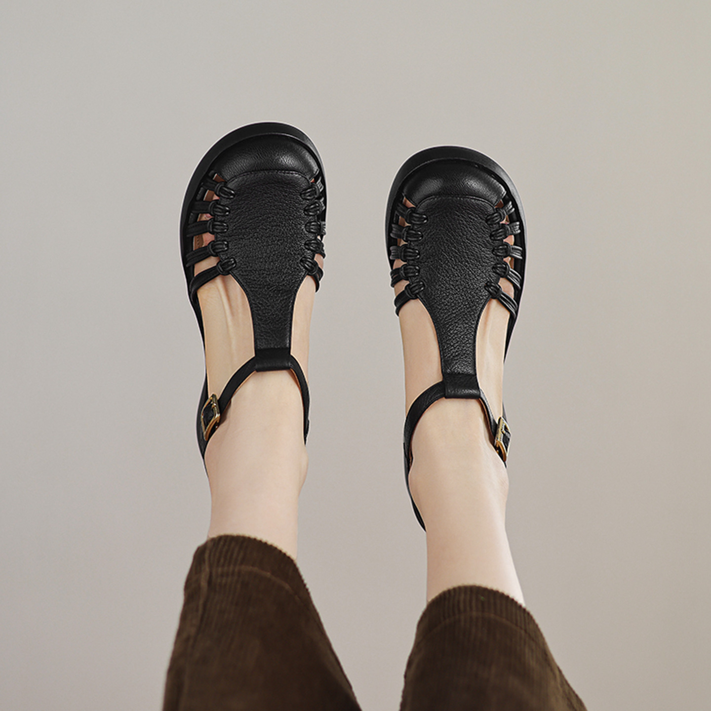 Sandal nữ da cừu mũi bao đế dày quai ngang một chữ kiểu La Mã — đen chi tiết 16