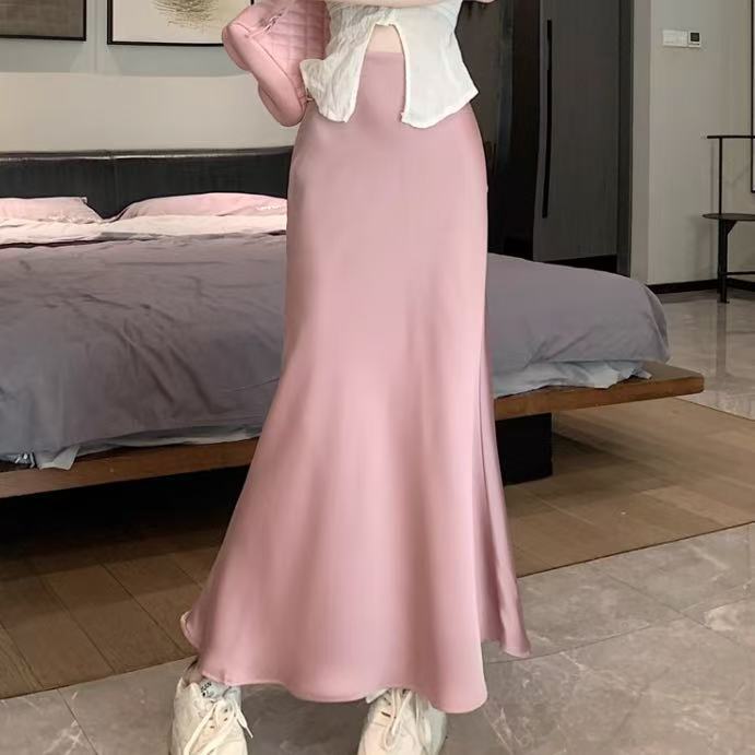 High-End Ice Silk Satin Acetate Fishtail Skirt for Women, Spring and Summer Slim-Fit Fashionable Elegant Mid-Length Skirt