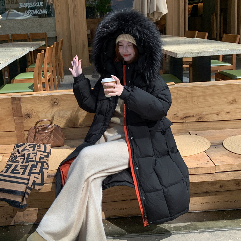 2025 New Style Contrasting Color Fat Girl mm Large Size Thickeneded Long Hooded Raccoon Fur Collar down Jacket Jacket for Women 237