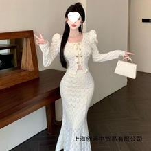 鱼尾裙套装女2025秋冬新款气质双排扣收腰蕾丝上衣中长款半身裙子