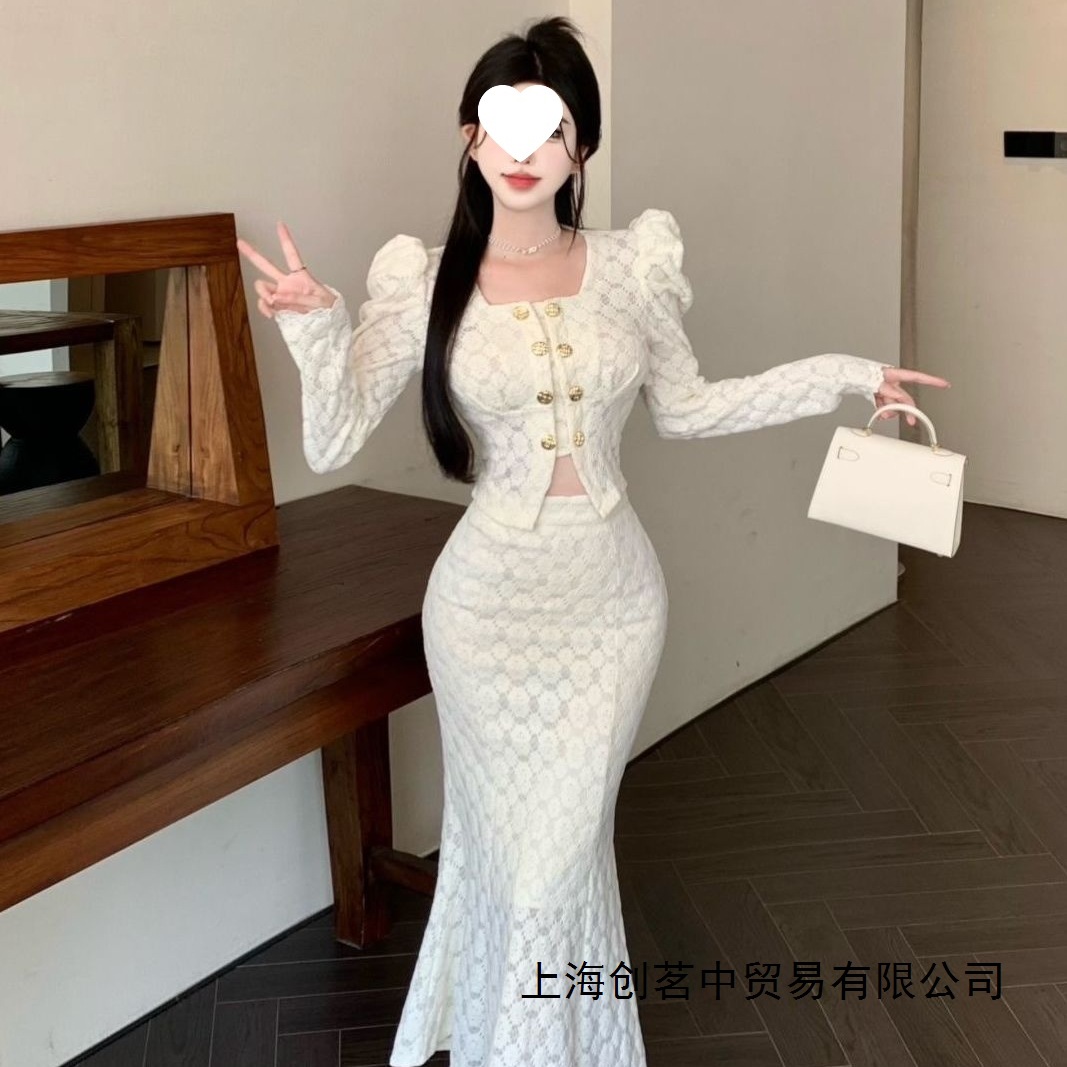 鱼尾裙套装女2025秋冬新款气质双排扣收腰蕾丝上衣中长款半身裙子
