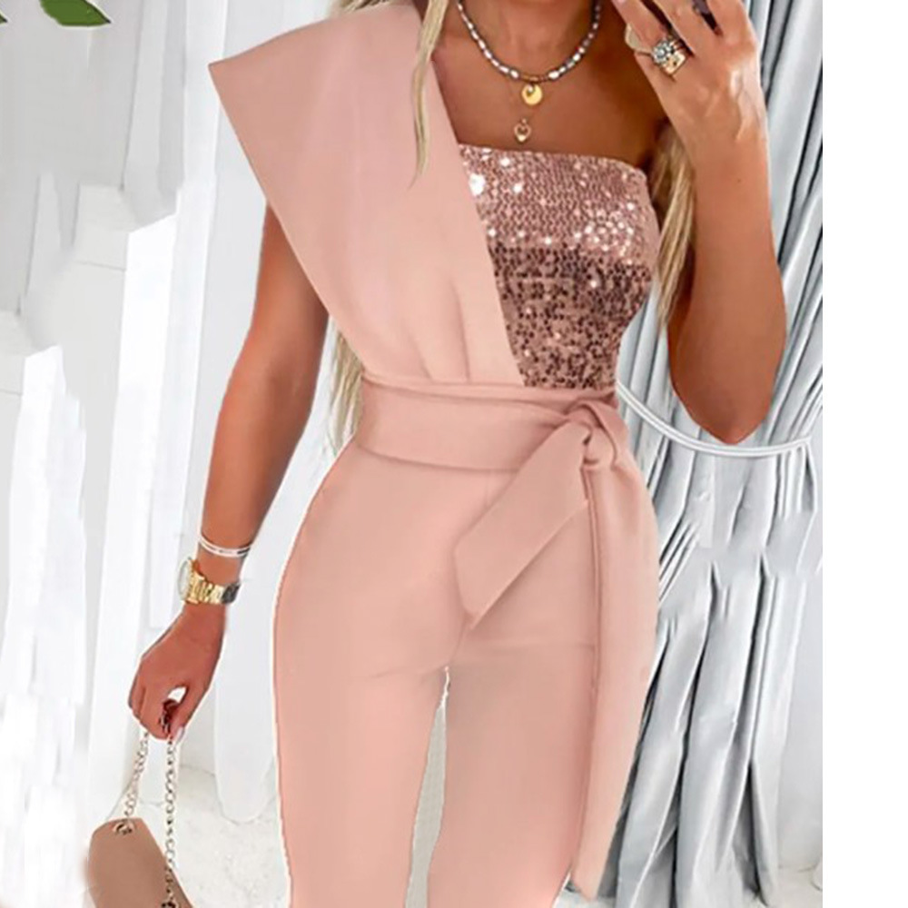 Cross-Border European and American Style Ready-Made Sequin Jumpsuit Elegant Party Sleeveless Belt Design Slim One-Shoulder Splicing Women's Clothing