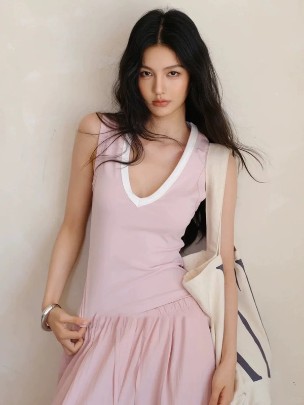 套装夏女2025新款韩系松弛感拼色V领无袖背心垂感宽松直筒休闲裤|undefined