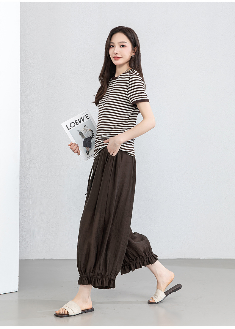 Áo thun nữ cổ tròn sọc kẻ tay ngắn phong cách cổ điển — Sọc cà phê chi tiết 22