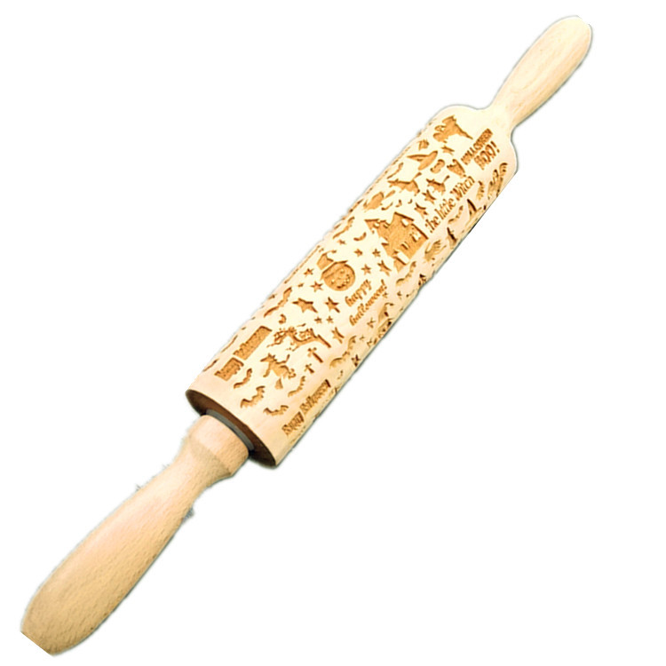 Madera Rolling pin haya grabado láser impresión Rolling pin relieve Rolling pin cuero Navidad fondant galleta presionando palo
