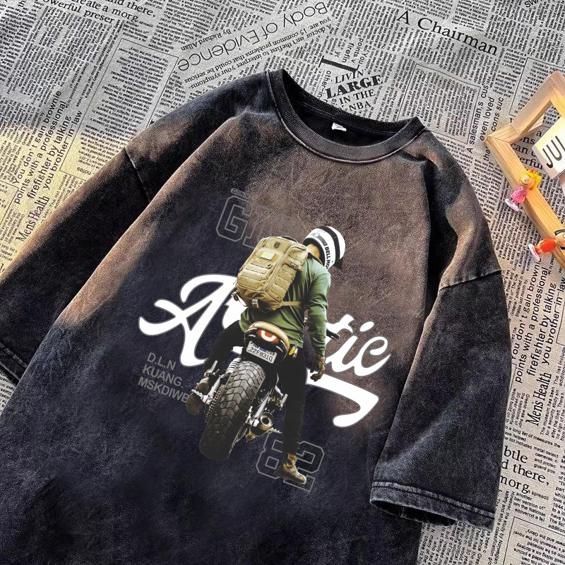 Camiseta de manga corta de algodón puro desgastado lavado retro americano para hombre, camiseta de media manga de marca holgada informal de verano para hombre