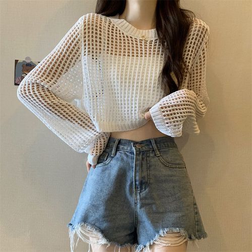 KANING women's slim-fit hollow knit sweater 2025 autumn summer loose outerwear stylish short sleeve outerwear for women