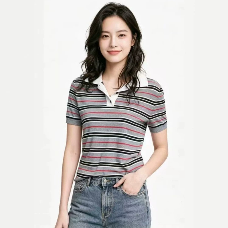 Mo** Mall Same Style 2026 Autumn New Fashion Retro Striped Color-Block Polo Collar Short-Sleeve Knit Shirt