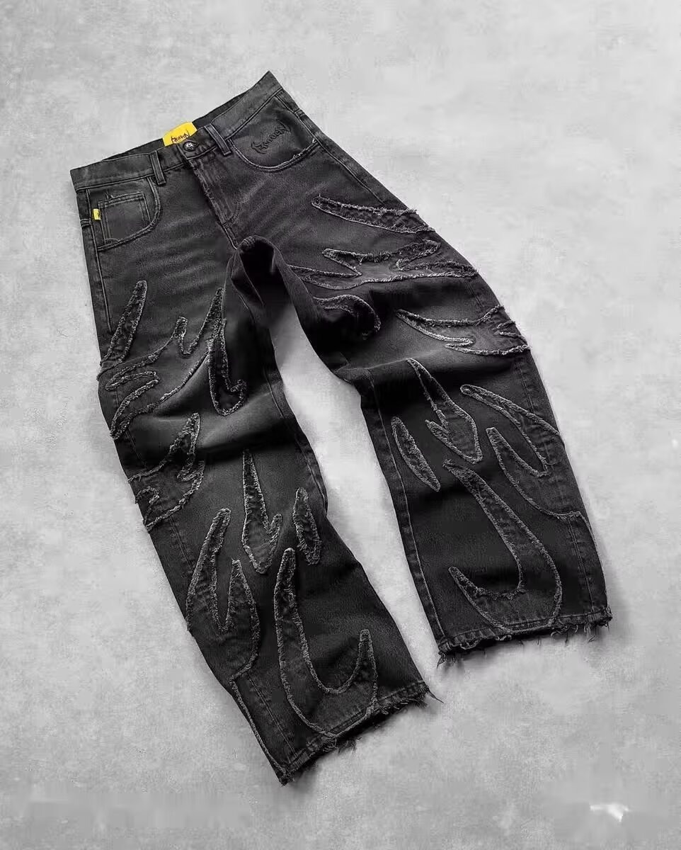 Vintage Embroidered Straight Leg Jeans For Men & Women – Relaxed Fit, Streetwear Fashion, Cotton Denim Pants (Black, Blue-Yellow)​_mkmklike.com