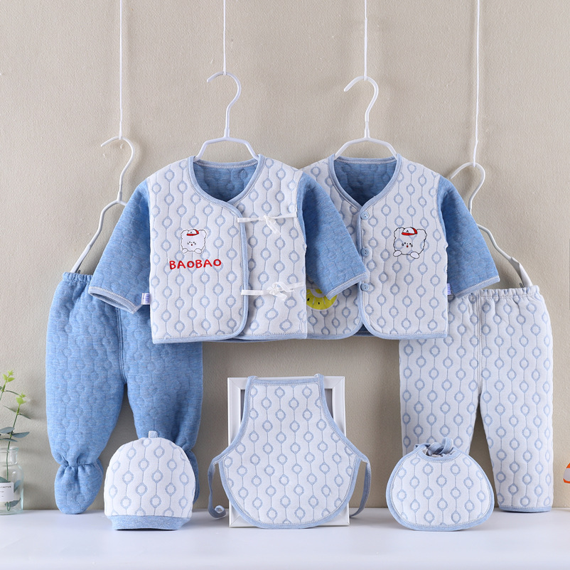Ropa de algodón para bebé, caja de regalo para recién nacido, costura sin costuras, conjunto cálido de siete piezas para bebés recién nacidos de otoño e invierno.